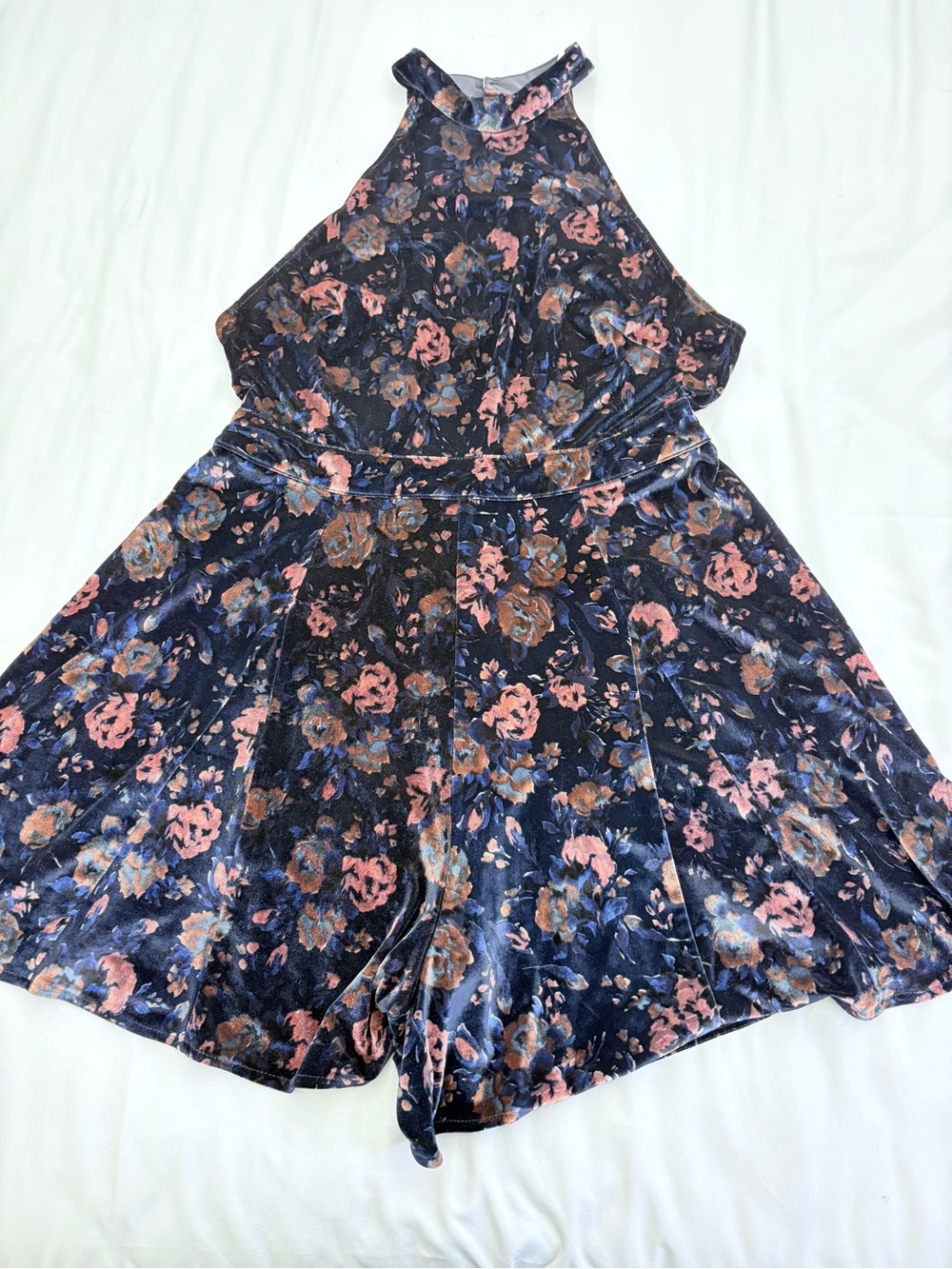 Free People Navy Floral Velvet Halter Romper